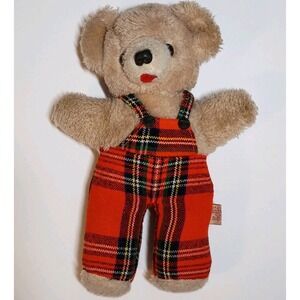 Vtg Pre-1973 DAKIN Teddy Bear Christmas Red Plaid‎ Overalls Light Brown Fur 10"
